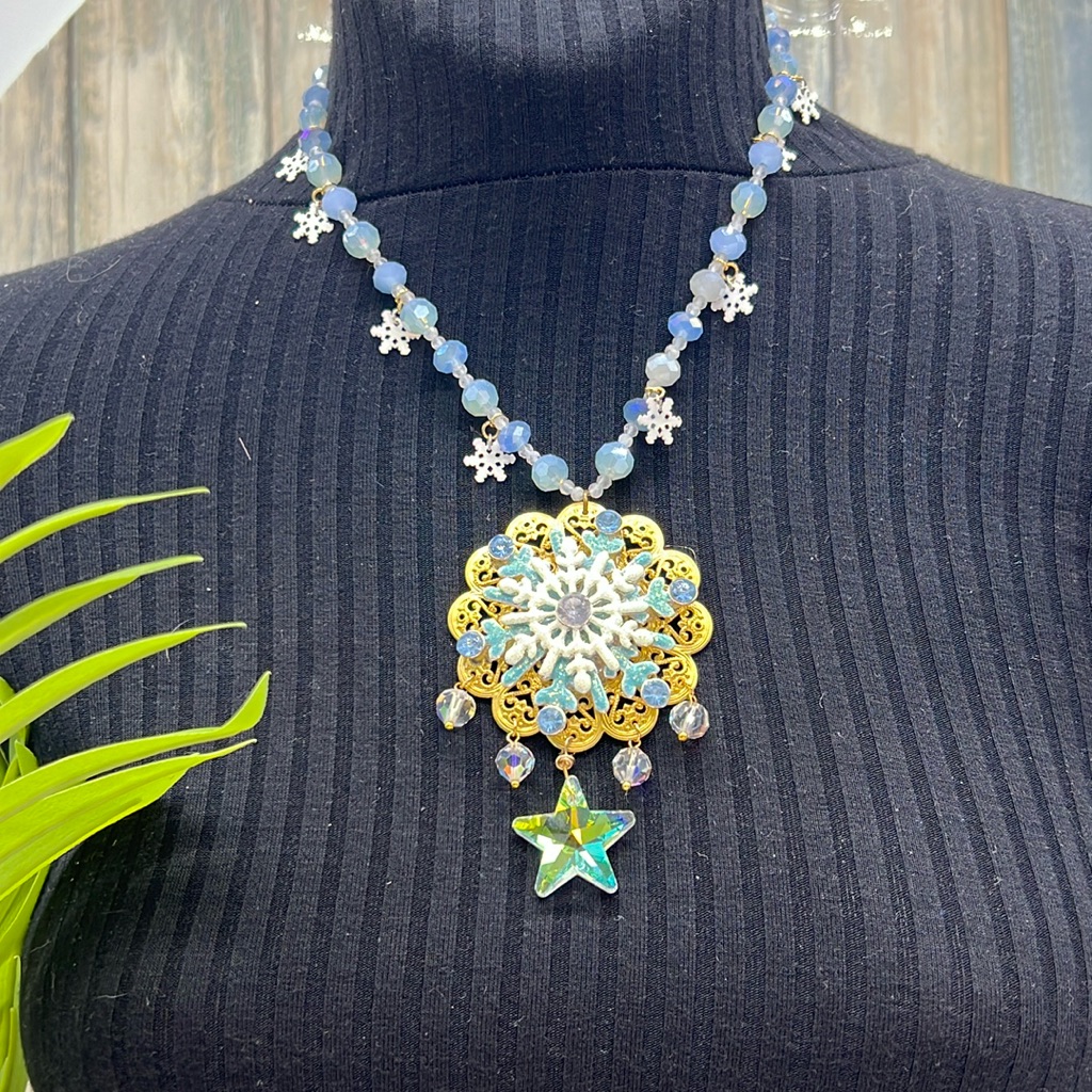 Adorned Crown Jewelry Assemblage Christmas Snowflake Crystal Star Necklace